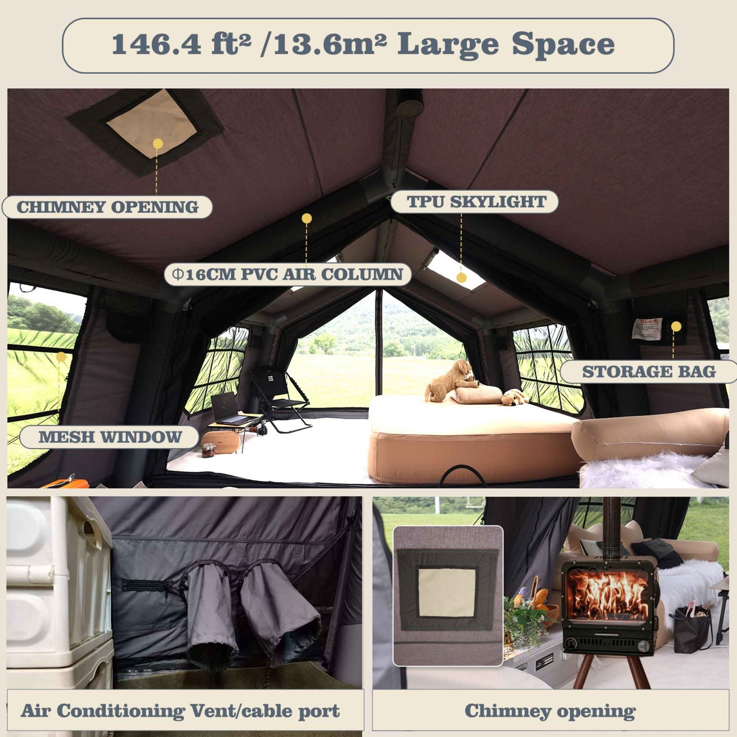 Coody 13.6 (Koala-5) Gray Inflatable Tent House for Camping (2-8 person)