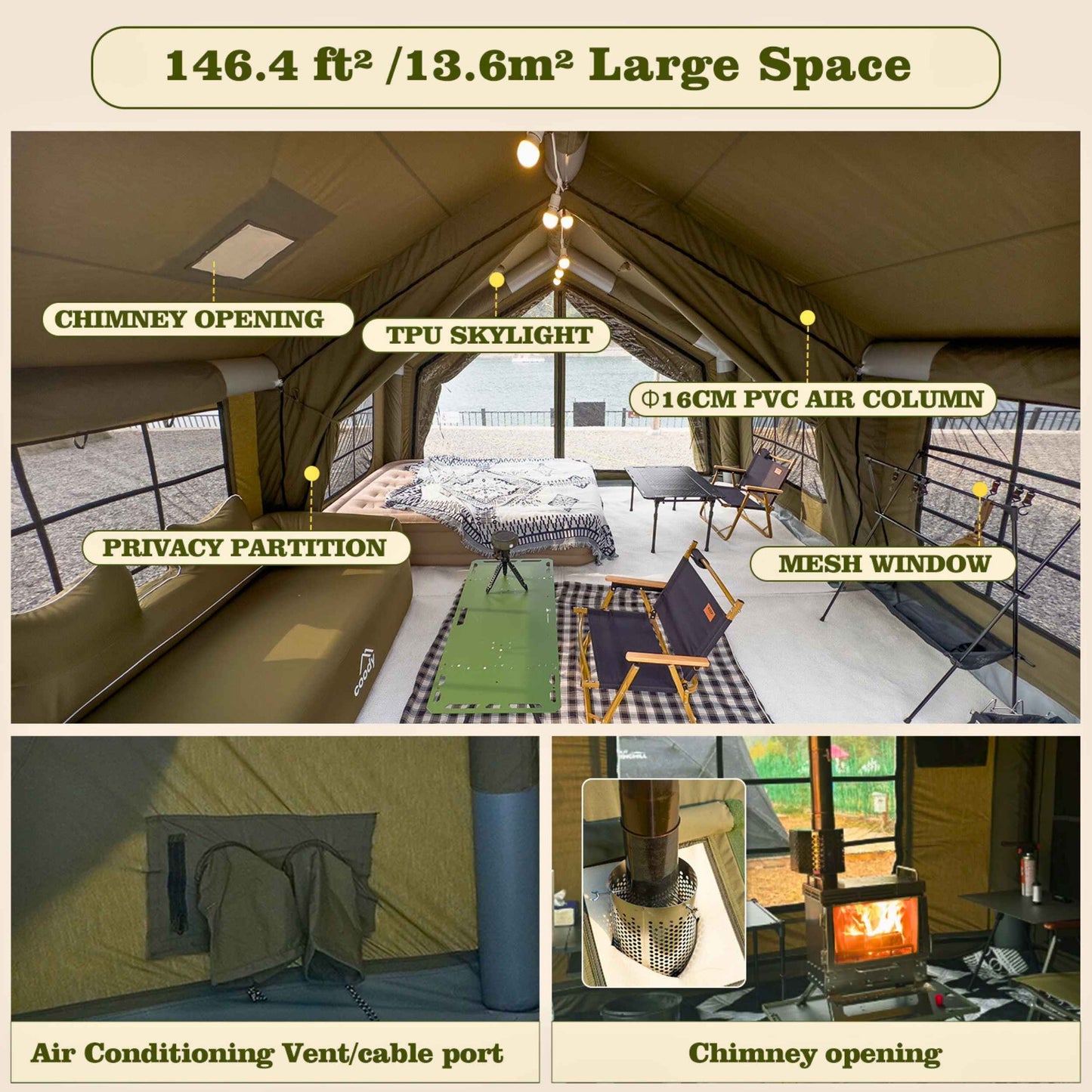 Coody 13.6 | RBM Outdoors (Koala 5) Forest Green + Stove Caminus M - Inflatable Tents with Stove