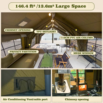 Coody 13.6 | RBM Outdoors (Koala 5) Forest Green + Stove Caminus M - Inflatable Tents with Stove