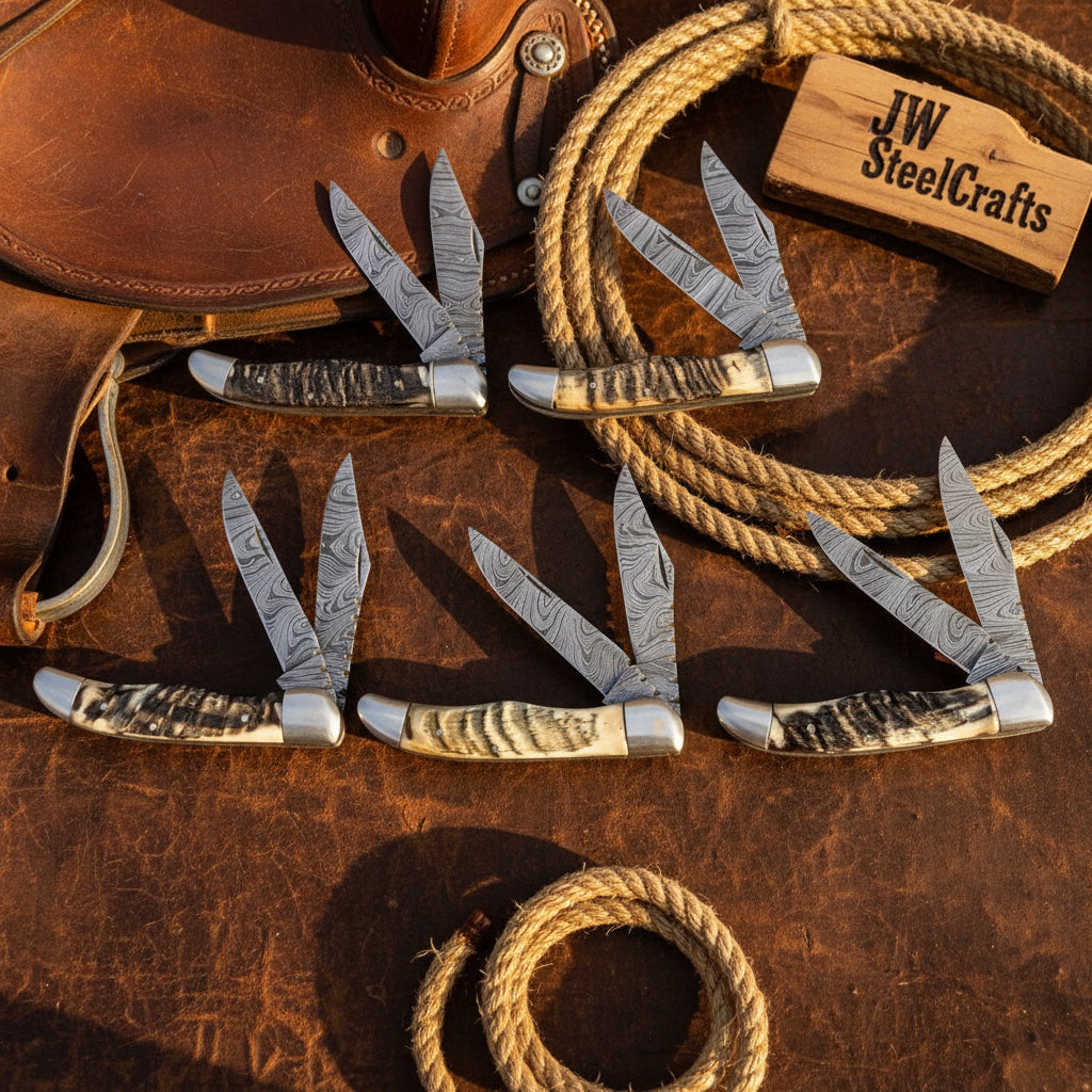 Trailfold Stag Pocket Knife Set 8" Handmade Set of 5 Folding Knives