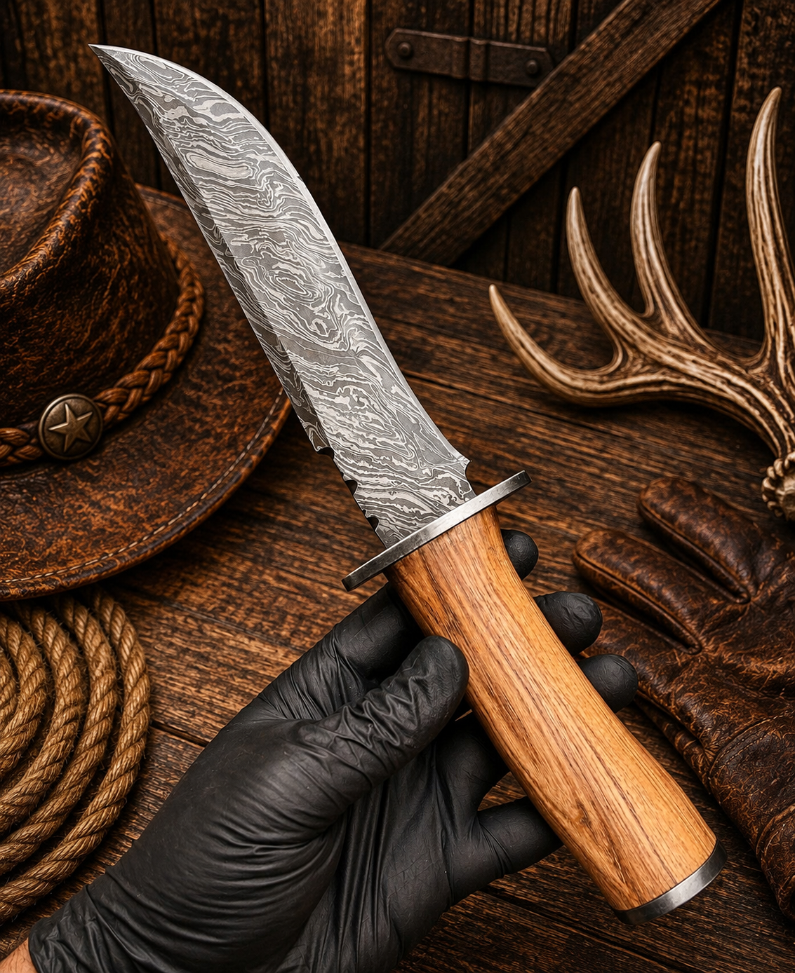 The Ash Ranger Bowie Knife – Damascus Steel & Leather Belt Sheath