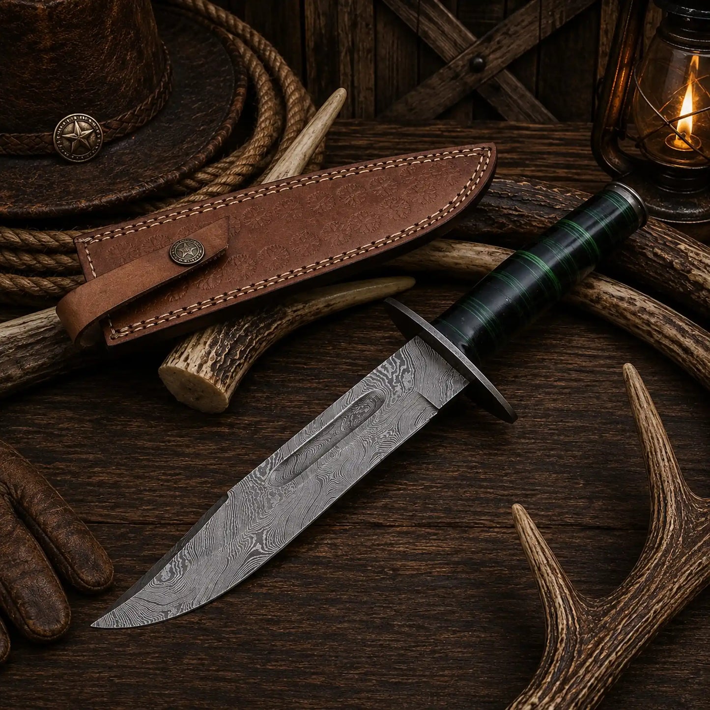 Western Trailmaster Bowie Knife – Damascus Steel, Exotic Wood Handle & Leather Sheath