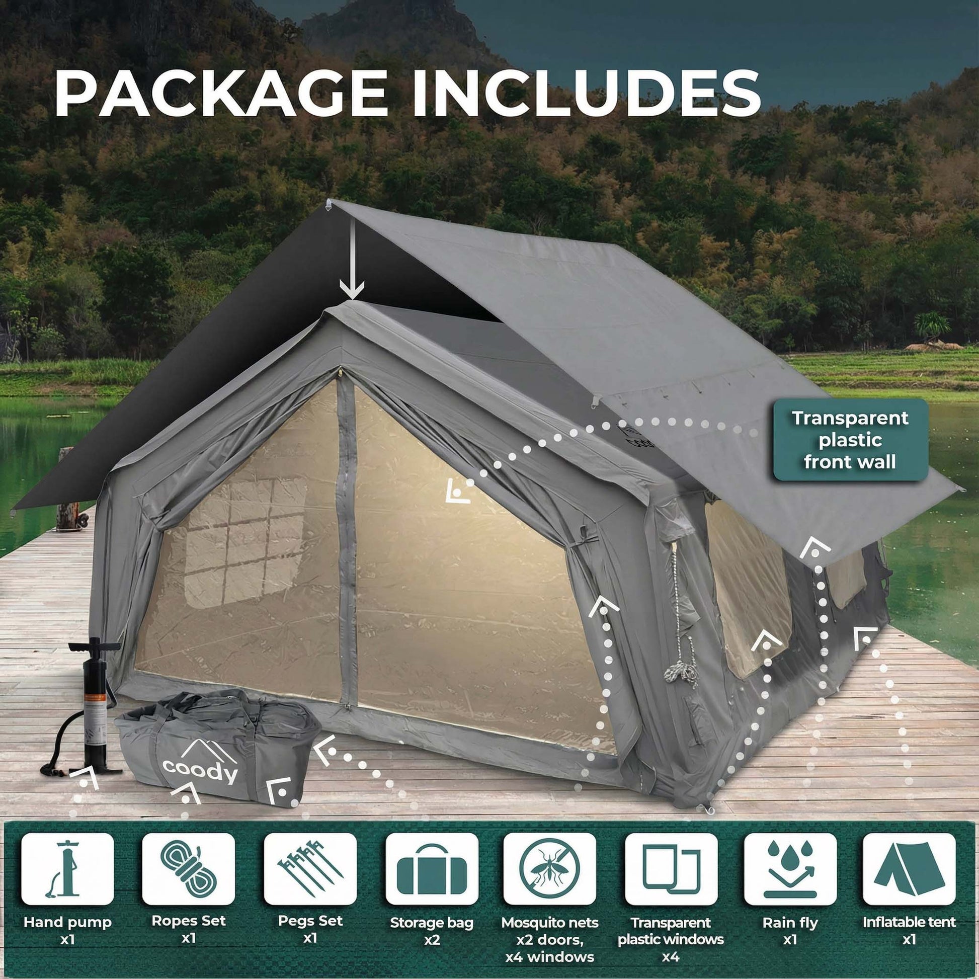 coody air tent Coody Coody 17.2 Inflatable Tent House, Grey
