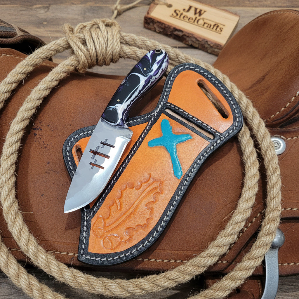 Marble Cross Ranch Knife 7" Handmade Cross Engraved Marbled Resin Handle