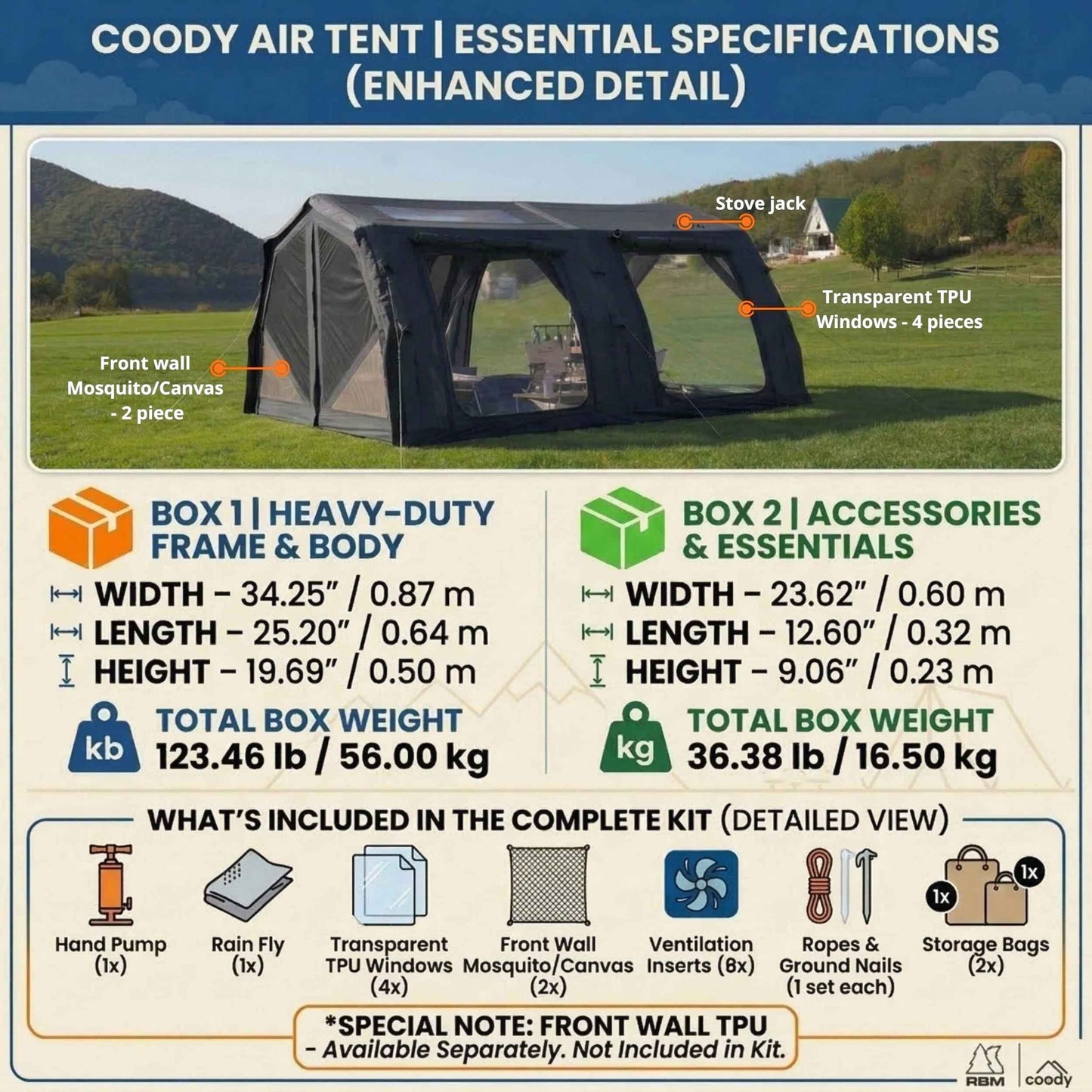 Coody Familia AirTent 17.2 PRO Black (2-10 Person)+Electric Pump+TPU Door Black+Ground Sheet