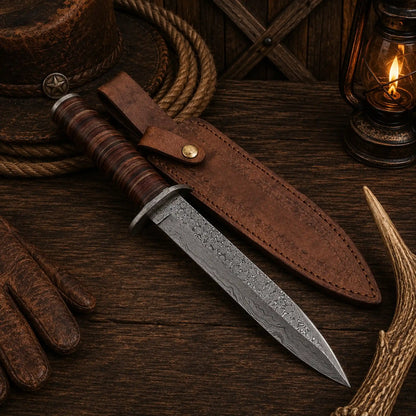M3 Heritage Damascus Bowie Knife – Stacked Leather Handle & Sheath