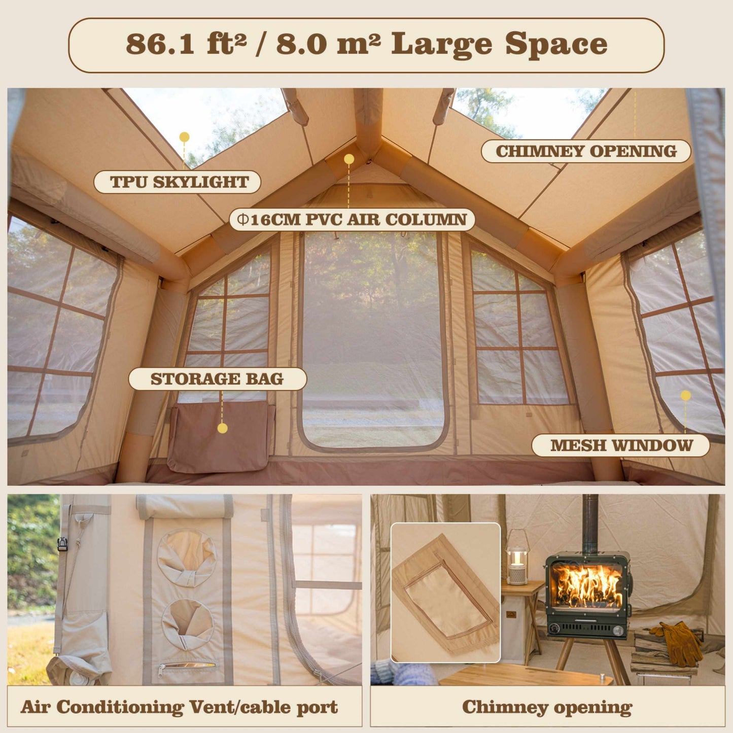 Coody 8 Beige Inflatable Tent House for Camping (1-4 person)