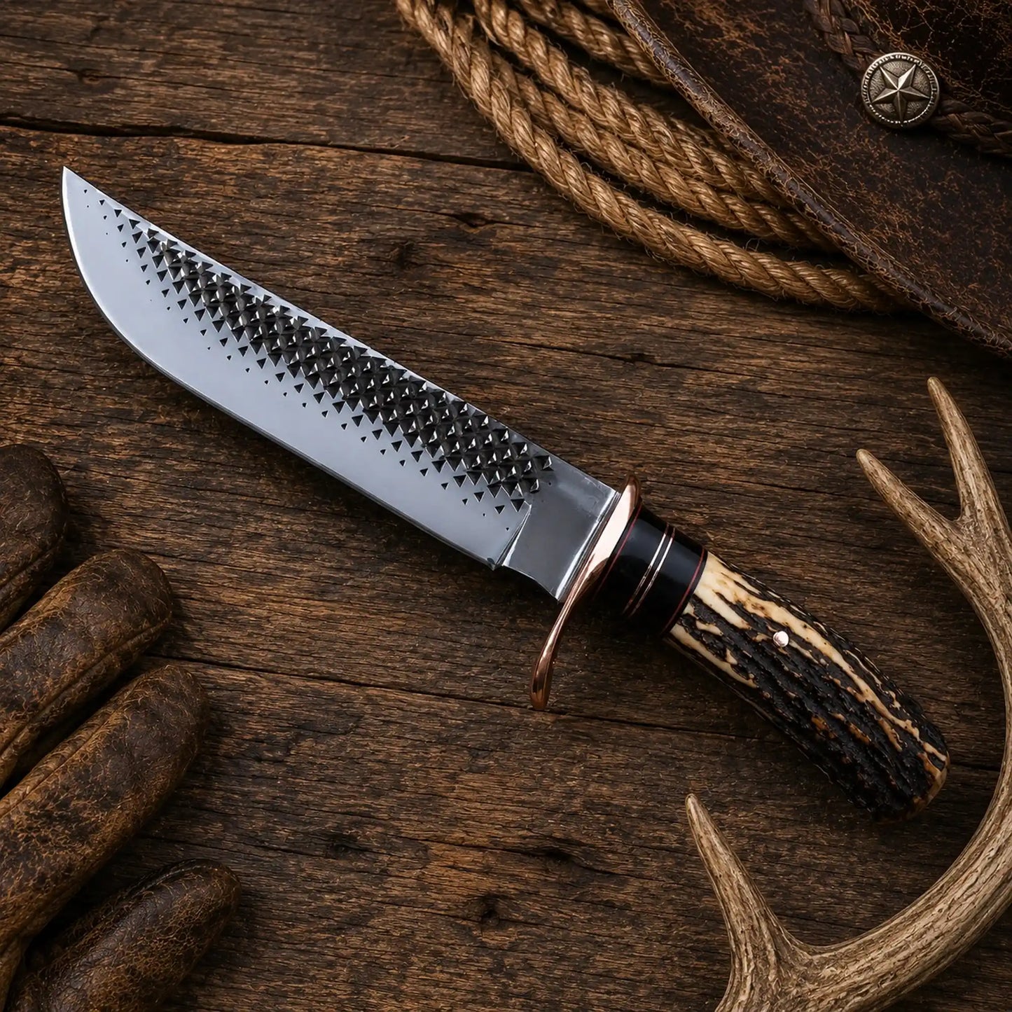16″ Iron Ridge Bowie Knife – Rasp Steel & Antler Horn Handle