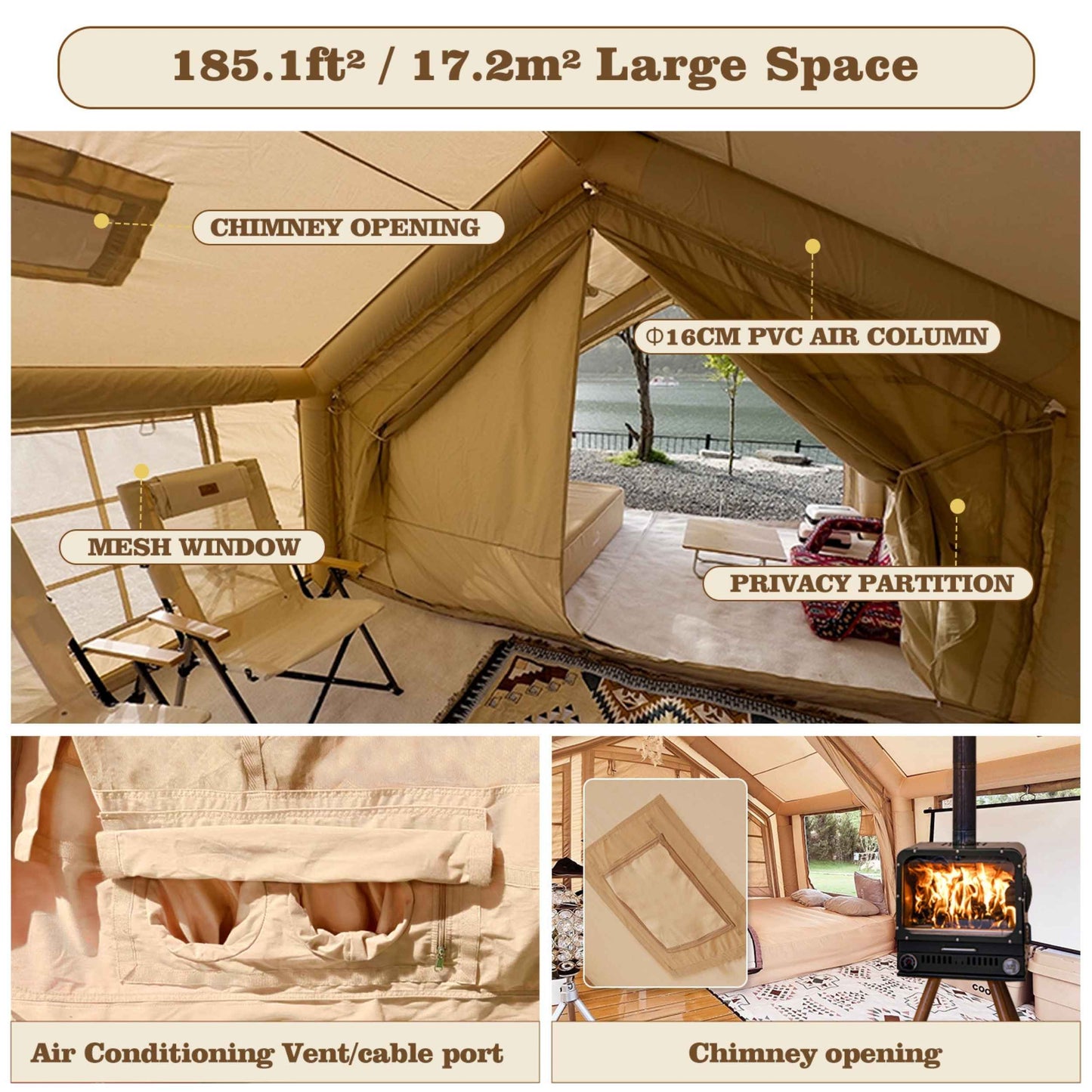 Coody 17.2 | RBM Outdoors (Koala 7) Beige + Stove Caminus M - Inflatable Tents for Camping with Stove
