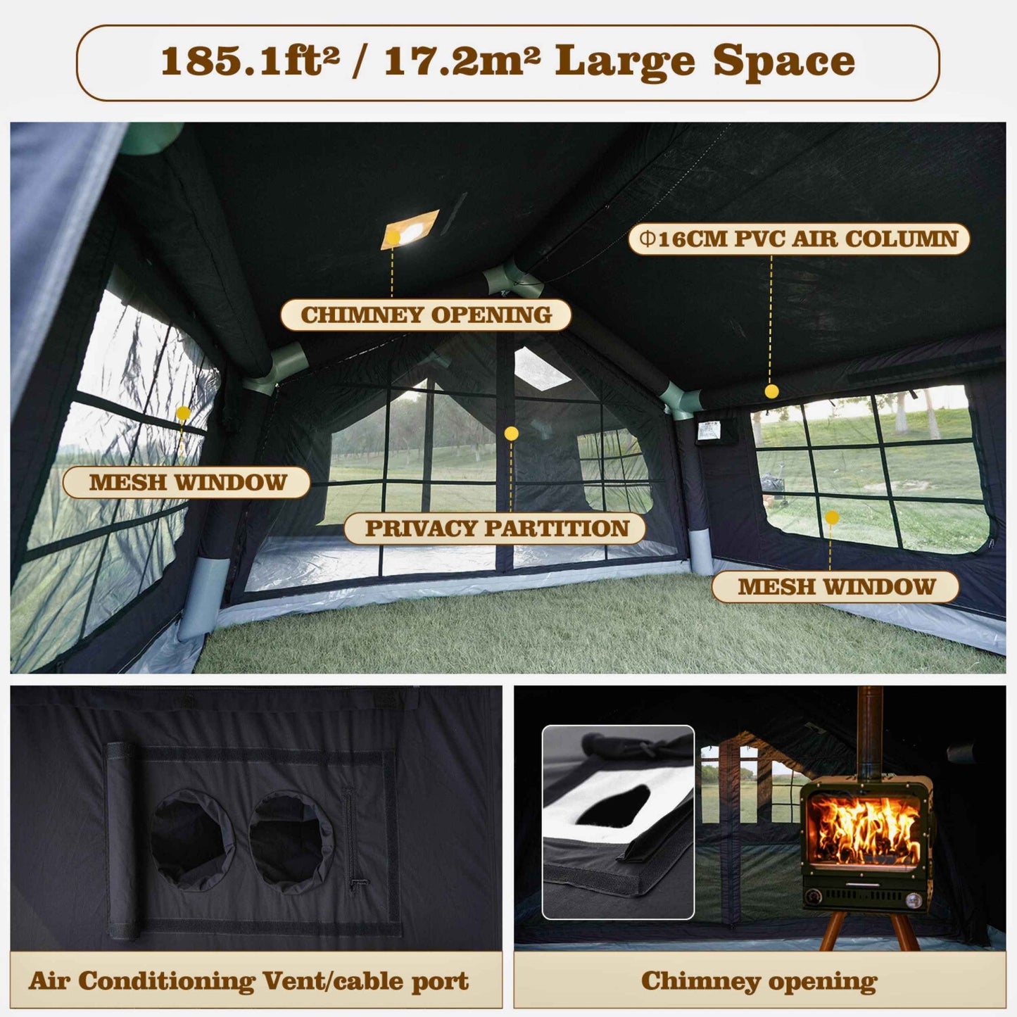 Coody 17.2 | RBM Outdoors (Koala 7) Black + Stove Caminus M - Inflatable Tents with Stove