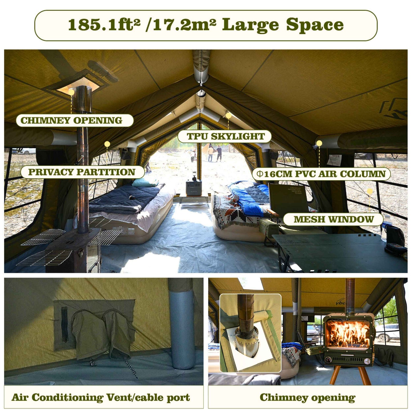 Coody 17.2 | RBM Outdoors (Koala 7) Forest Green + Stove Caminus M - Inflatable Tents with Stove