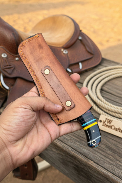 Damascus Bull Cutter Knife — Multi-Color Rainbow Resin Handle, Christian Cross Blade Engraving, Steel Bolster & Lanyard Hole
