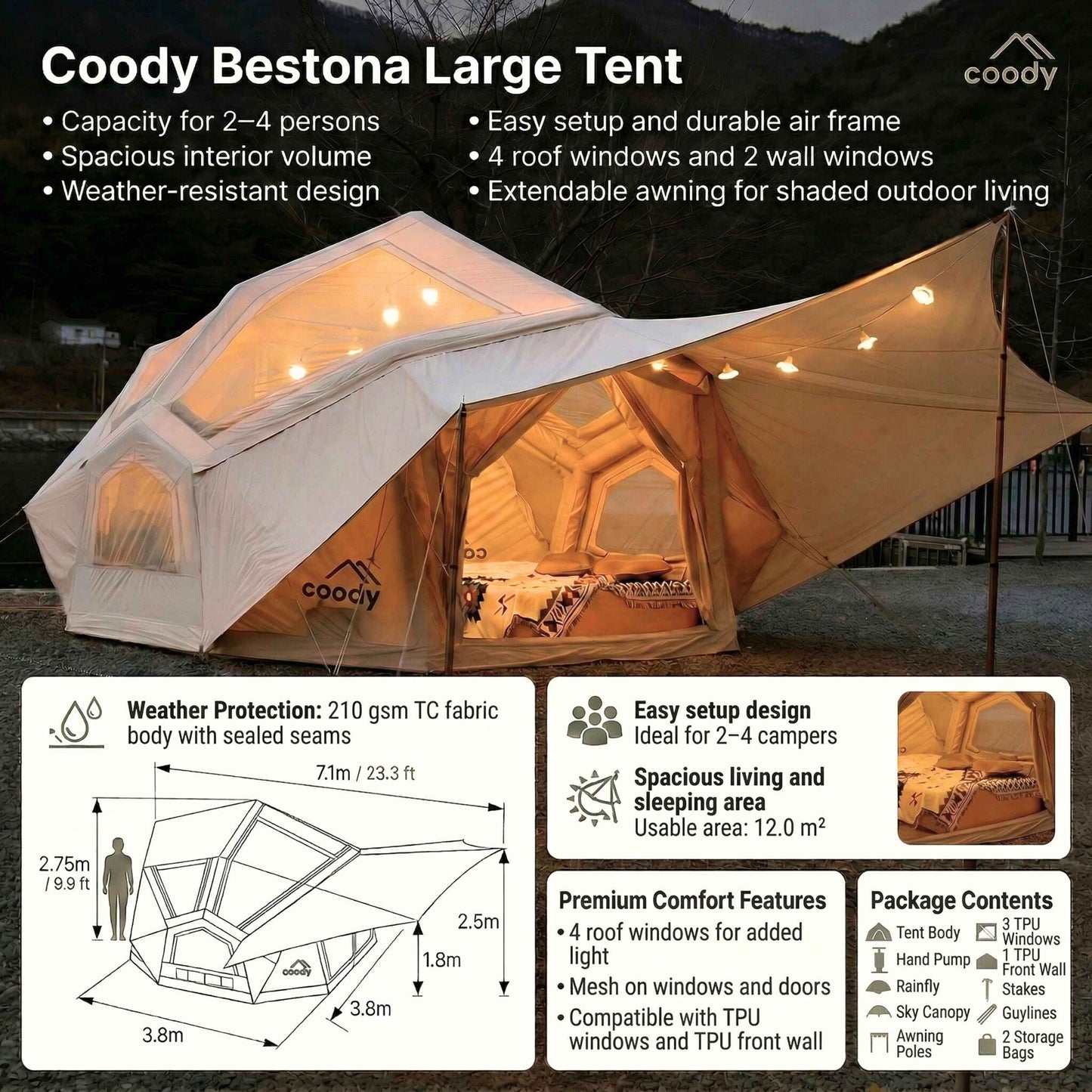 Coody | RBM Bestona Inflatable Tent for 2-4 Person (Beige)