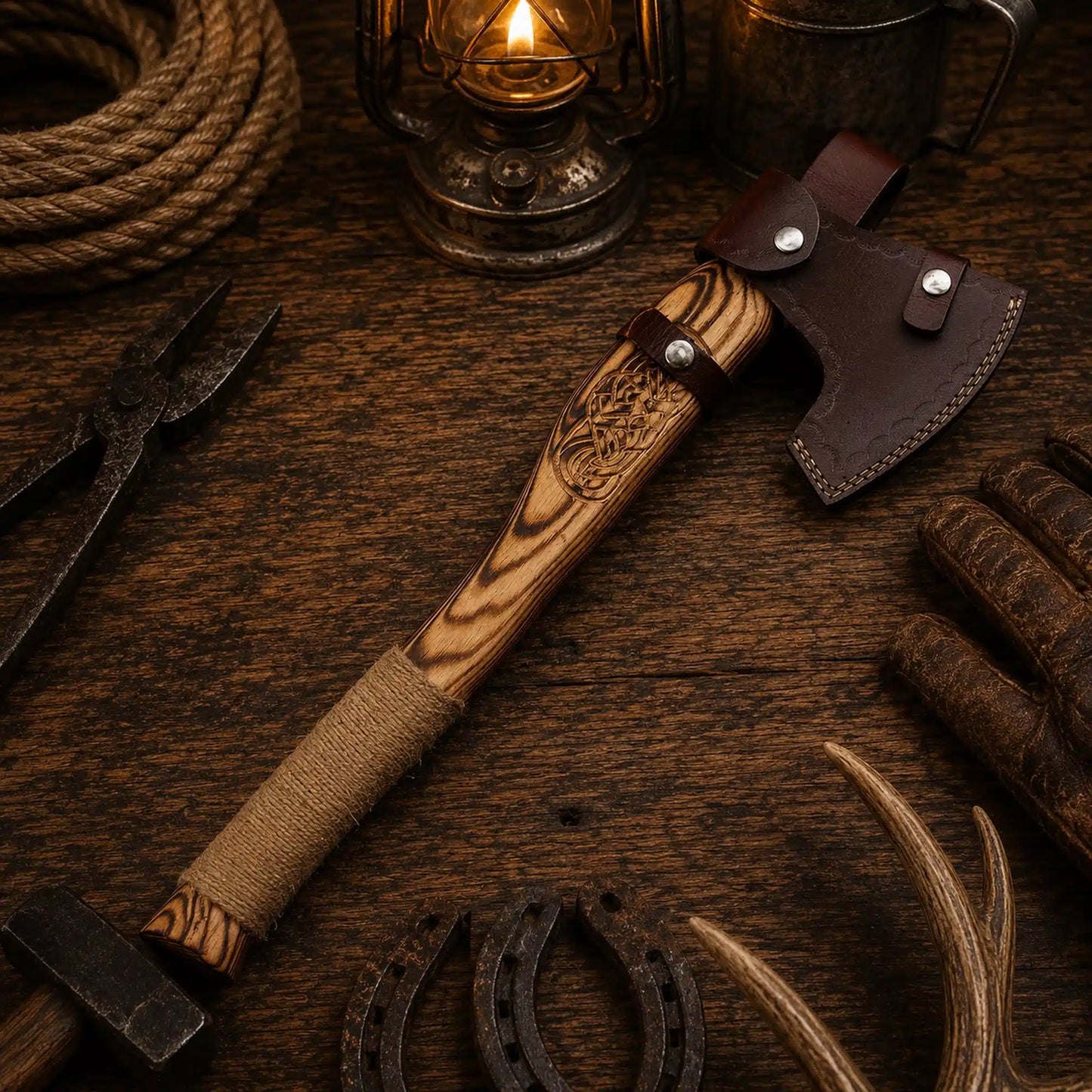 Viking Celtic Engraved Bearded Axe – Burnt Ash Wood & Rope Grip