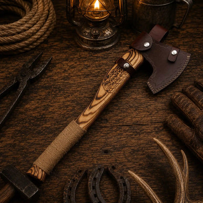 Viking Celtic Engraved Bearded Axe – Burnt Ash Wood & Rope Grip