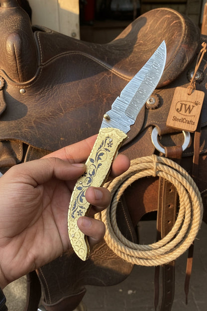 Calligraphy Engraved Brass Folder Knife 10" Handmade Damascus Blade