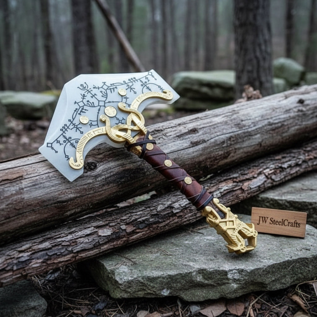 Mjolnir Hammer With Glowing Runes: Forged Steel Bearded Axe