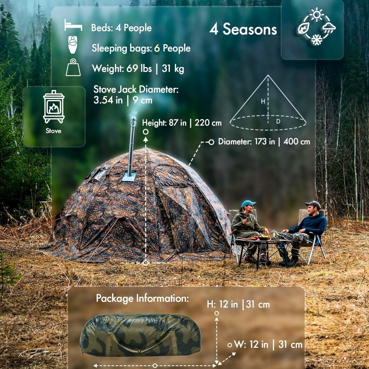 RBM All-Seasons tent  UP-5 for 2-6 person + Wood Stove Caminus M + Three-Layer Floor