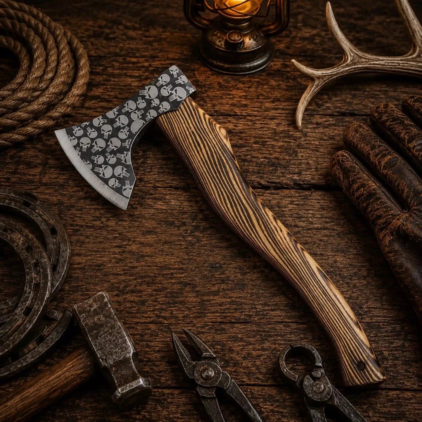 PUNISHER ETCHED HAND FORGED CARBON STEEL HANDMADE HUNTING VIKING TOMAHAWK HATCHET AXE 20”