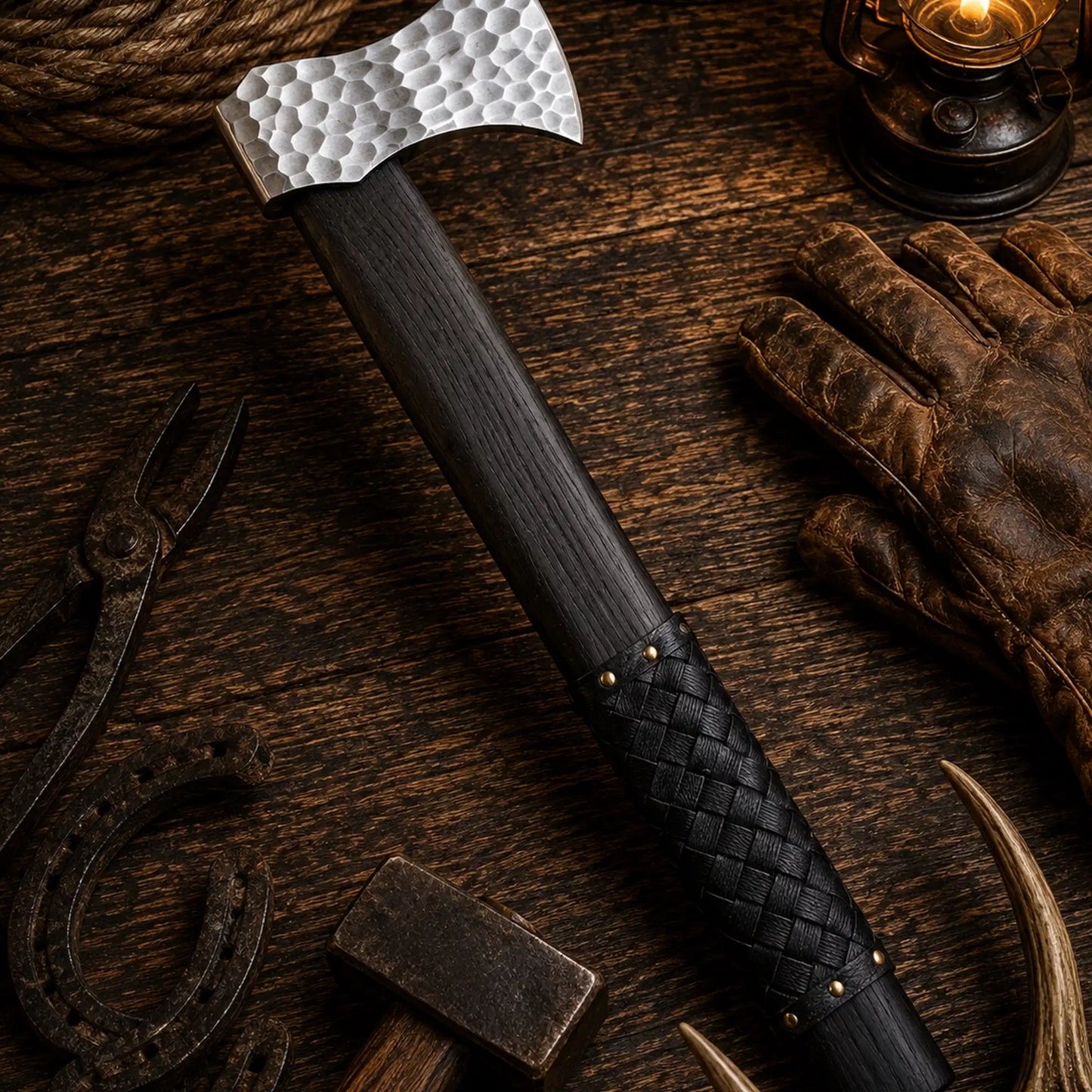 Hand Forged Viking Battle Axe – 21" Black Leather Wrapped Hardwood Handle