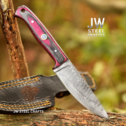 Damascus Steel Fixed Blade Knife – Pink & Blue Pakka Wood Handle | JW SteelCrafts