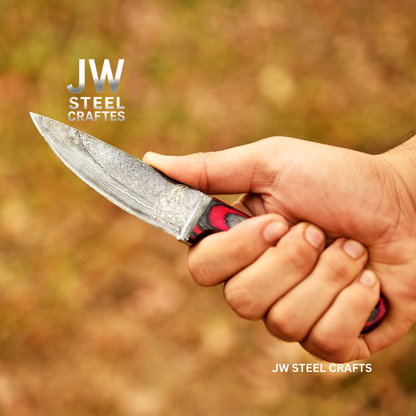 Damascus Steel Fixed Blade Knife – Pink & Blue Pakka Wood Handle | JW SteelCrafts