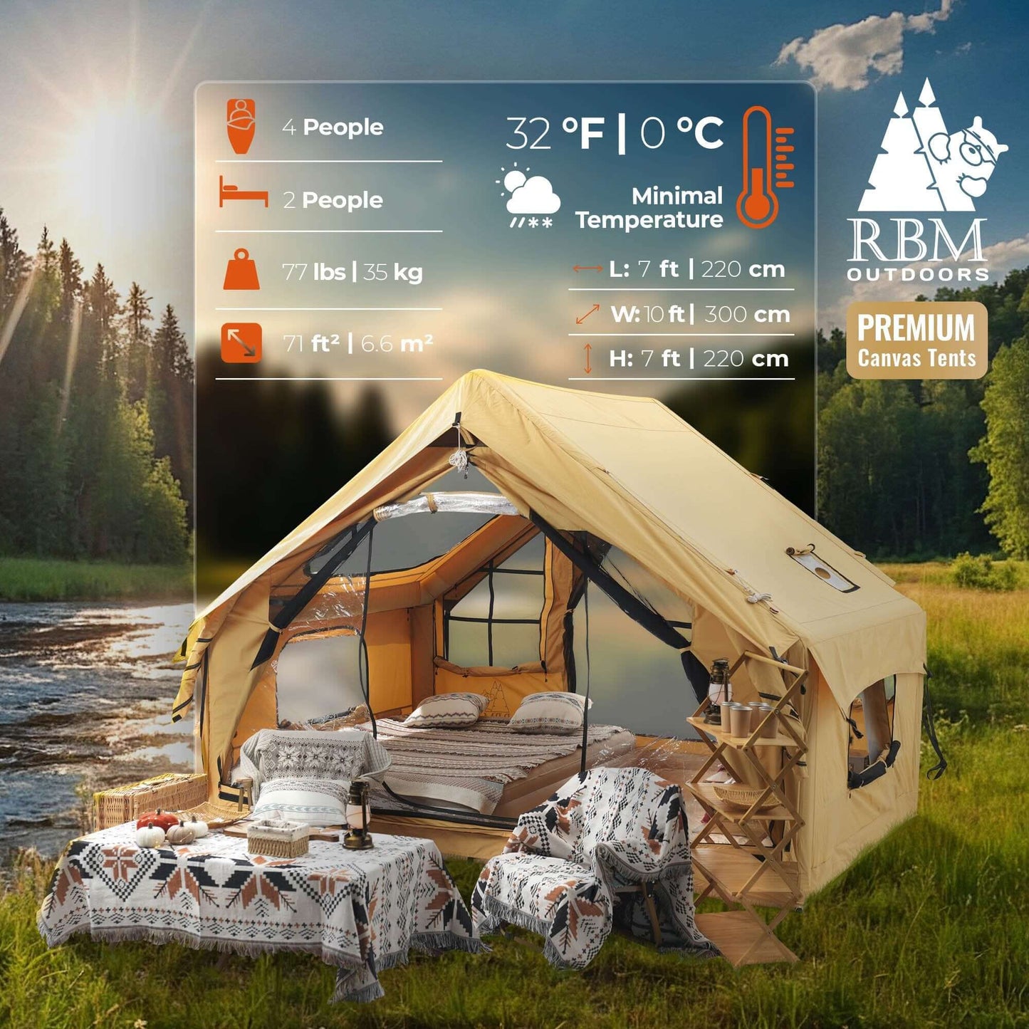 RBM Panda Medium Sunny Beige + Stove Caminus S - Inflatable Tents for Camping with Stove