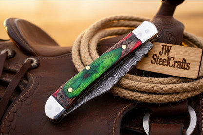 Forest Green Trail Trapper Knife Pakka Wood Damascus Steel folding Trapper Knife