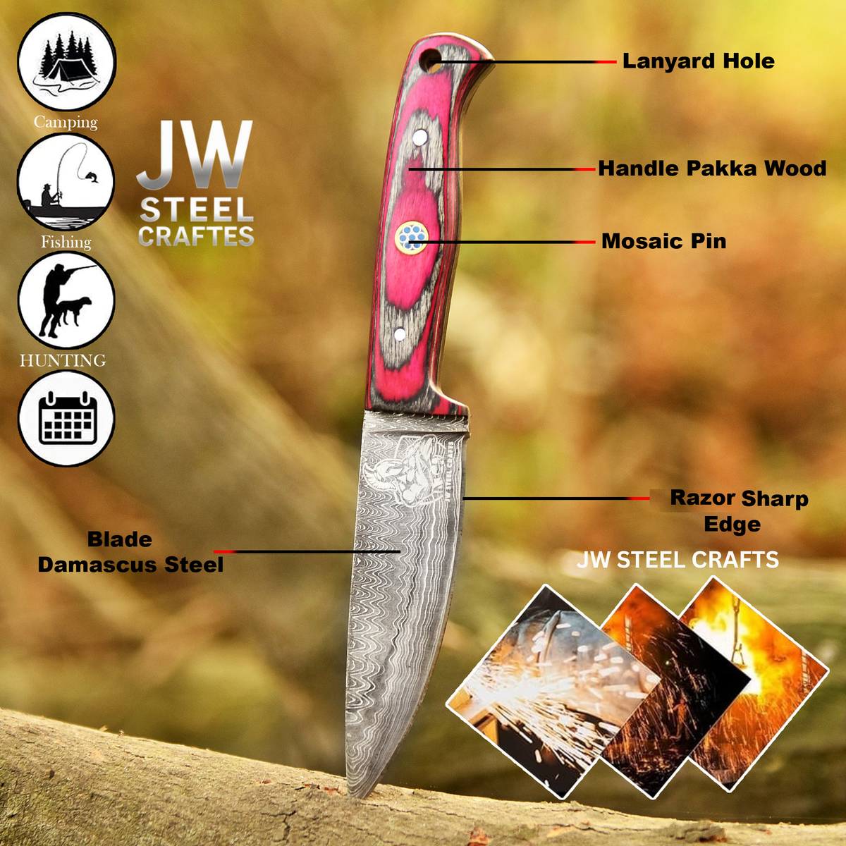 Damascus Steel Fixed Blade Knife – Pink & Blue Pakka Wood Handle | JW SteelCrafts