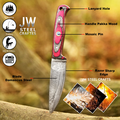 Damascus Steel Fixed Blade Knife – Pink & Blue Pakka Wood Handle | JW SteelCrafts