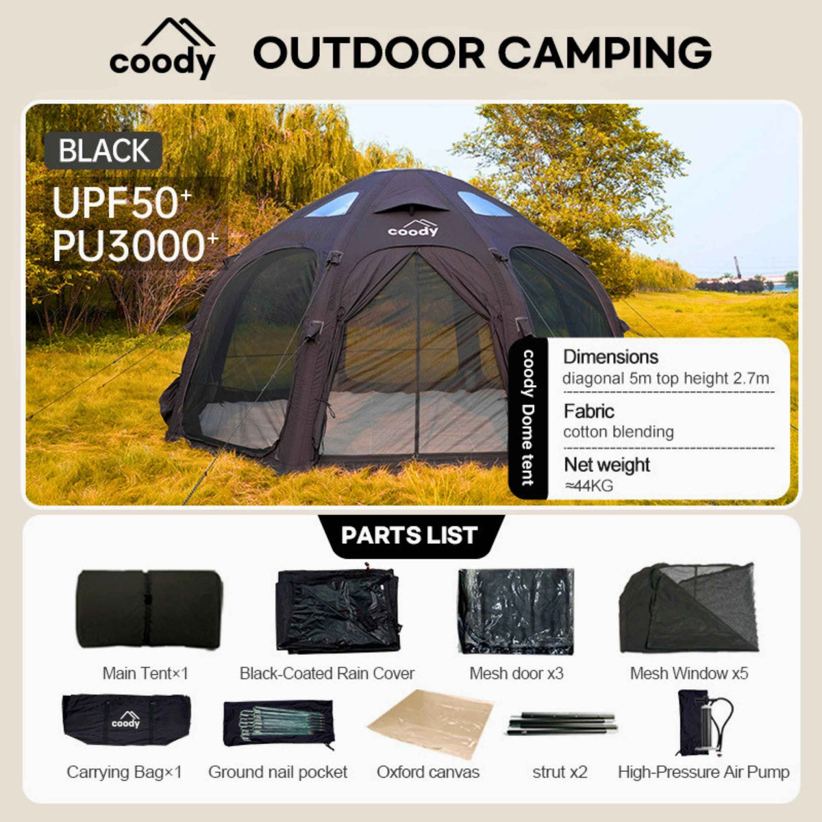 Coody Aurora Dome | RBM Outdoors Inflatable tent Octopus Black for 2-4 person