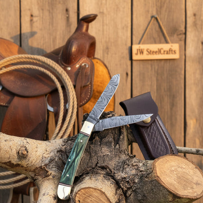 Damascus Trapper Pocket Knife – Two Blade Folding Knife with Green Bone Handle