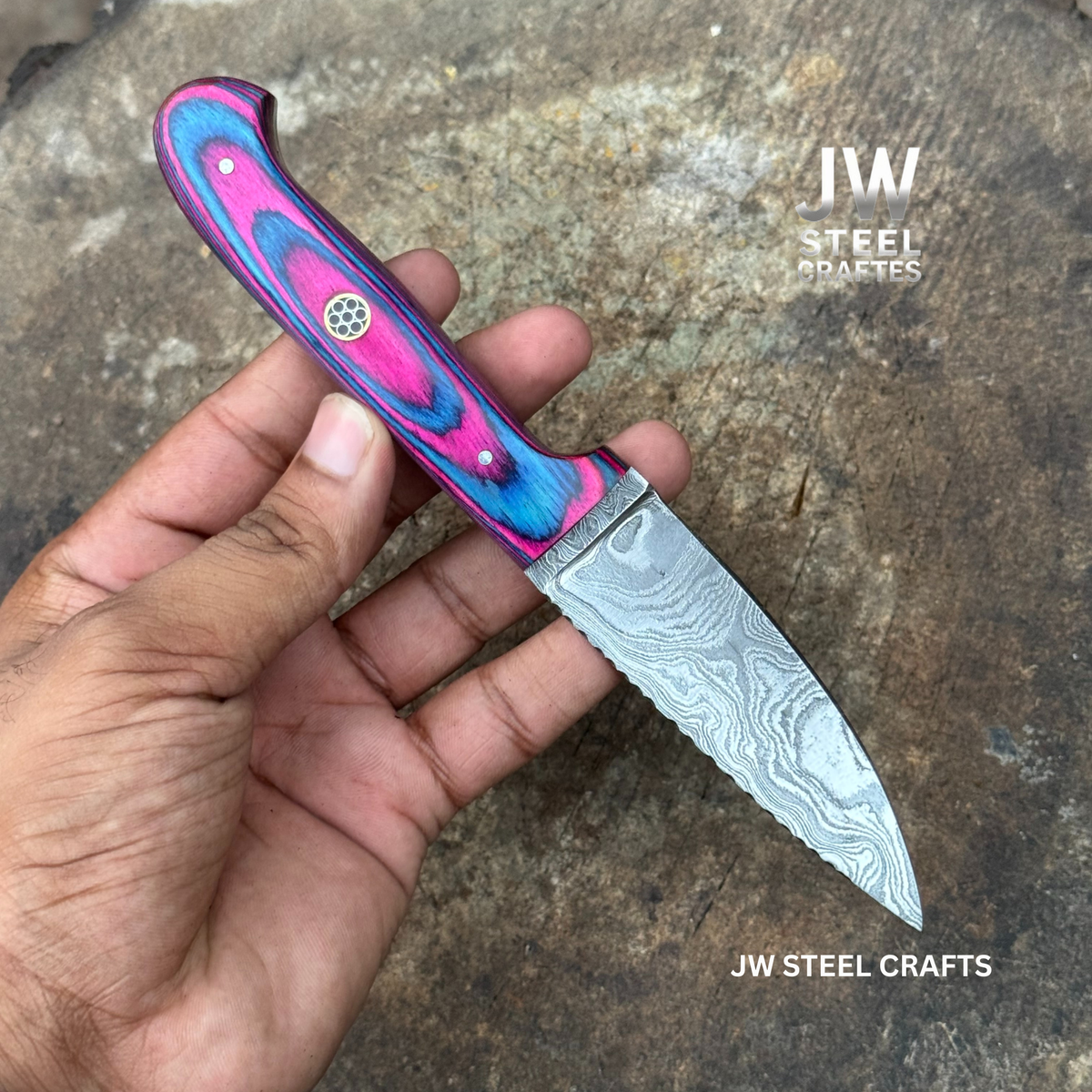 Damascus Steel Fixed Blade Knife – Pink & Blue Pakka Wood Handle | JW SteelCrafts