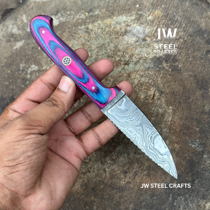 Damascus Steel Fixed Blade Knife – Pink & Blue Pakka Wood Handle | JW SteelCrafts