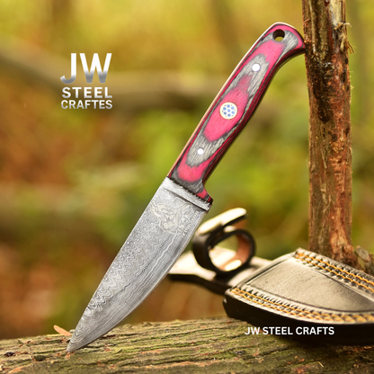Damascus Steel Fixed Blade Knife – Pink & Blue Pakka Wood Handle | JW SteelCrafts