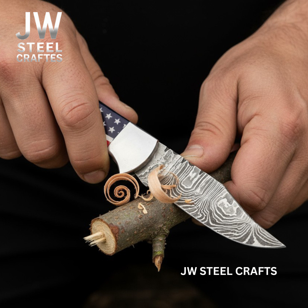 Handmade Damascus Folding Knife with Ram Horn or American Flag Handle