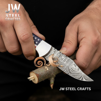 Handmade Damascus Folding Knife with Ram Horn or American Flag Handle