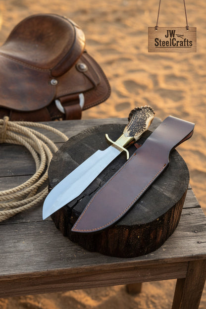 Handmade Carbon Steel Hunting Knife with Stag Horn Handle & Leather Sheath