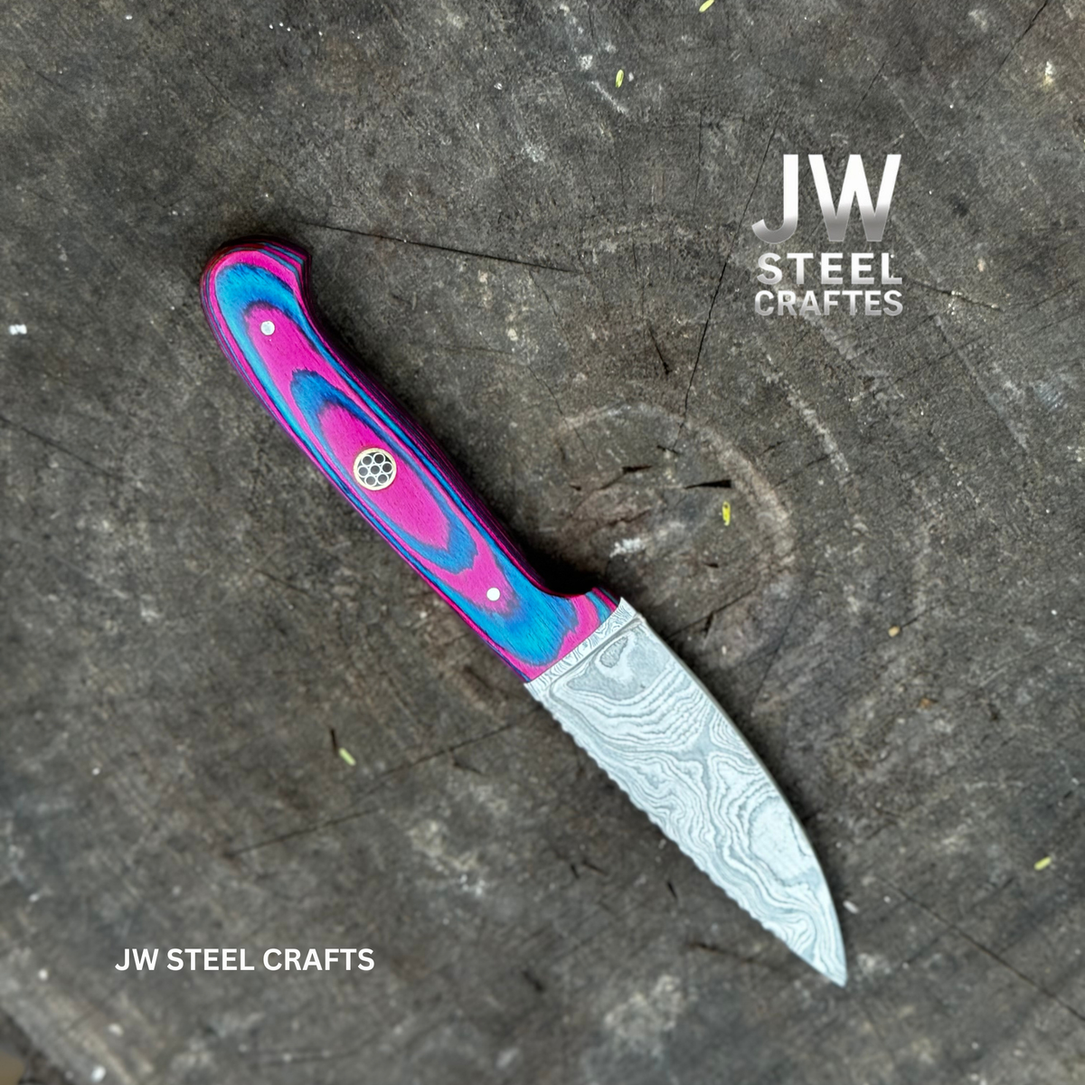 Damascus Steel Fixed Blade Knife – Pink & Blue Pakka Wood Handle | JW SteelCrafts
