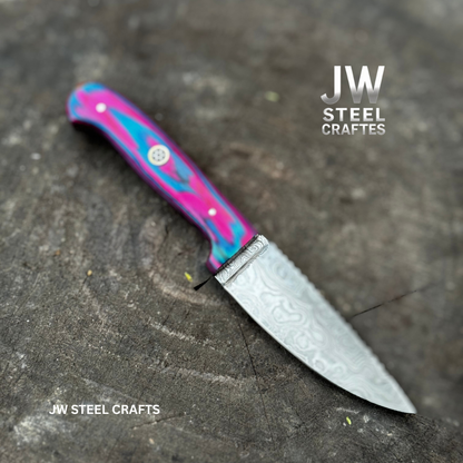 Damascus Steel Fixed Blade Knife – Pink & Blue Pakka Wood Handle | JW SteelCrafts