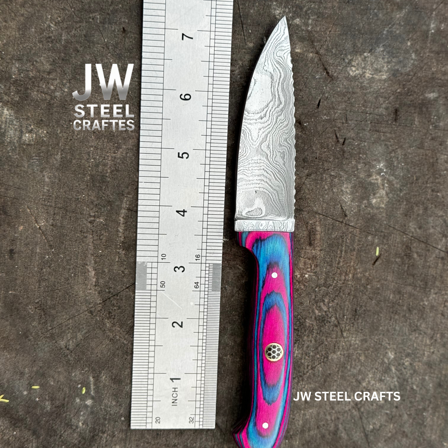 Damascus Steel Fixed Blade Knife – Pink & Blue Pakka Wood Handle | JW SteelCrafts