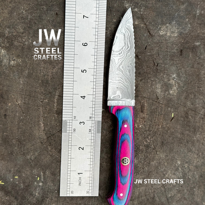 Damascus Steel Fixed Blade Knife – Pink & Blue Pakka Wood Handle | JW SteelCrafts