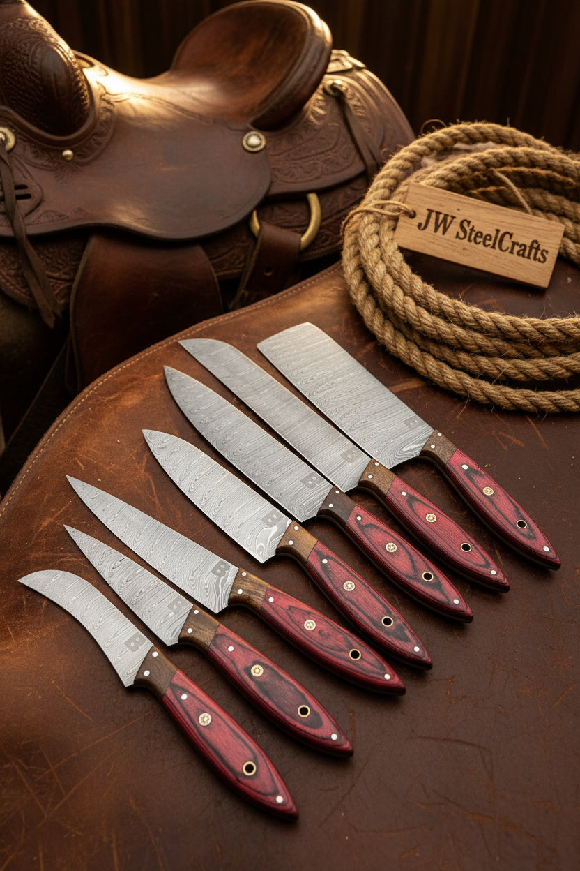 8 Piece Damascus Knife Set with Red Pakka Handles and  Leather Roll