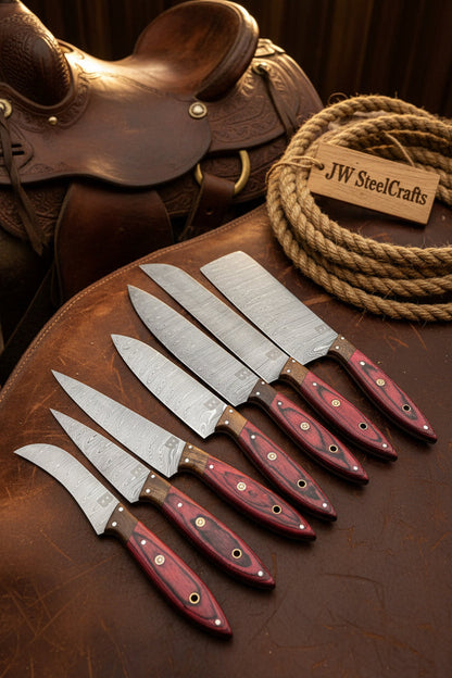 8 Piece Damascus Knife Set with Red Pakka Handles and  Leather Roll