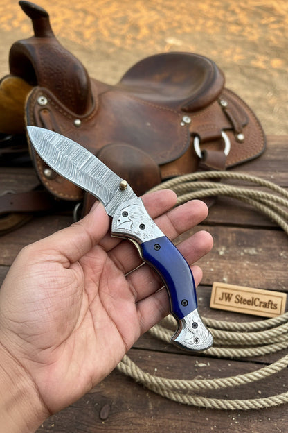 Silverline Ridge Curved Folder Knife 8" Handmade Damascus Steel Resin Handle