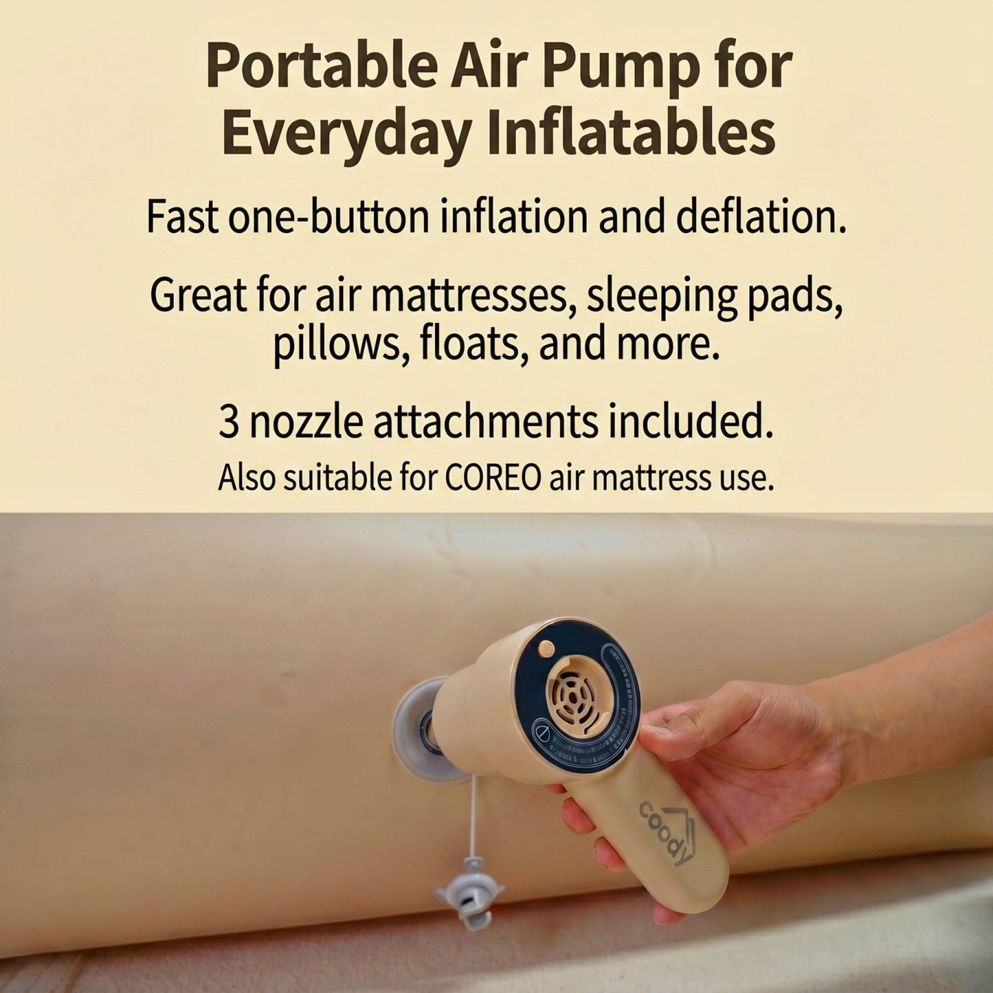 Coody Air Pump GR-119P, Portable Air Pump for Coreo Air Mattress, 3 Nozzles, Up to 2 PSI