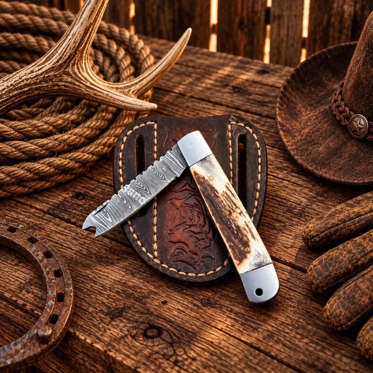 3-Inch Cowboy Damascus Trapper Knife – Stag Horn Handle & Sheath
