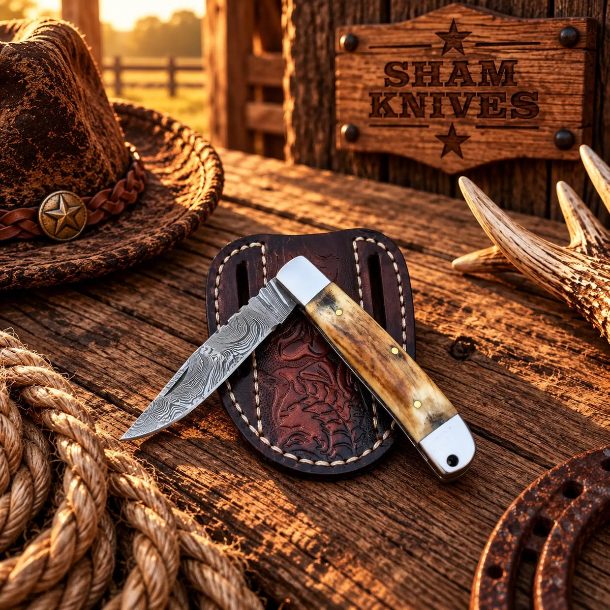 3-Inch Damascus Trapper Folding Knife with Stag Horn Handle & Sheath