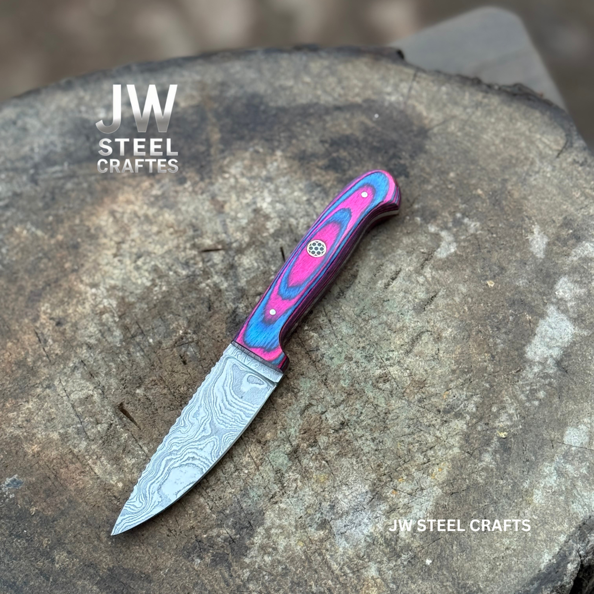 Damascus Steel Fixed Blade Knife – Pink & Blue Pakka Wood Handle | JW SteelCrafts