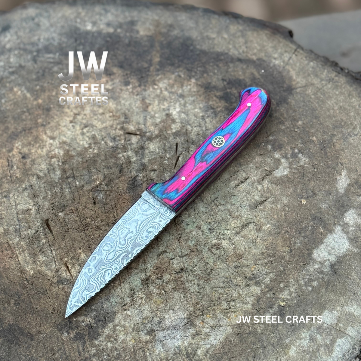 Damascus Steel Fixed Blade Knife – Pink & Blue Pakka Wood Handle | JW SteelCrafts